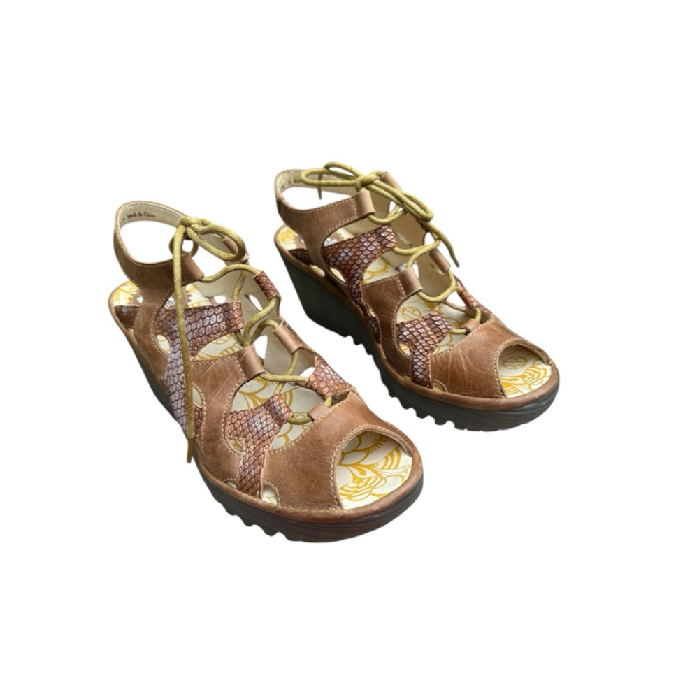 Fly London Yexa Leather Wedge Platform Sandals 39 Brown Lace-Up Comfort Shoe 8.5